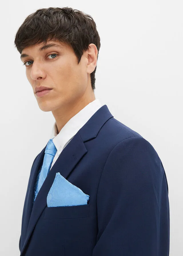 Traje (5 piezas): americana, pantalón, chaleco, corbata, pañuelo azul marino + azul pálido
